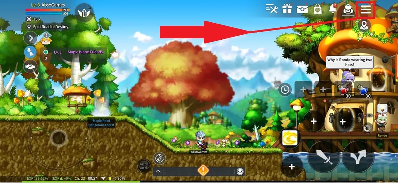 In-game home screen with the menu button in the top-right corner marked in red.