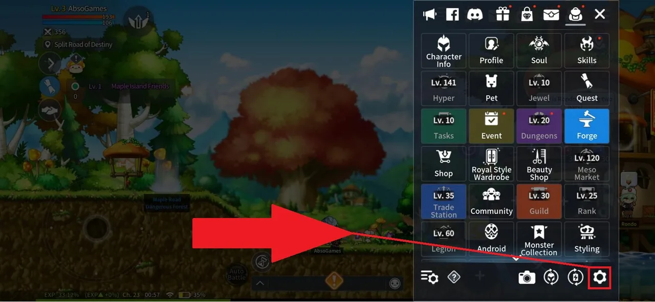 The open menu panel with the gear icon in its lower-right corner marked in red.