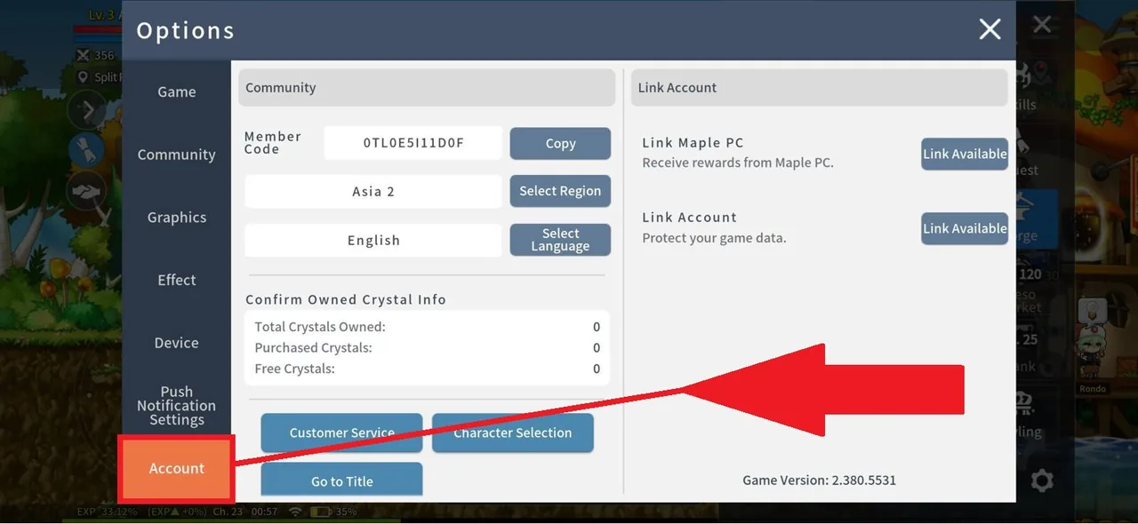 The Options panel with the Account tab at the bottom of the left sidebar marked in red.