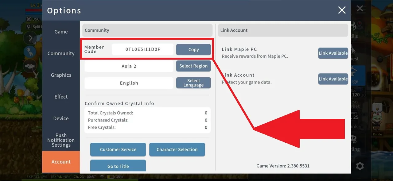 The Account screen with the Member Code field and its Copy button marked in red, above the Region field.